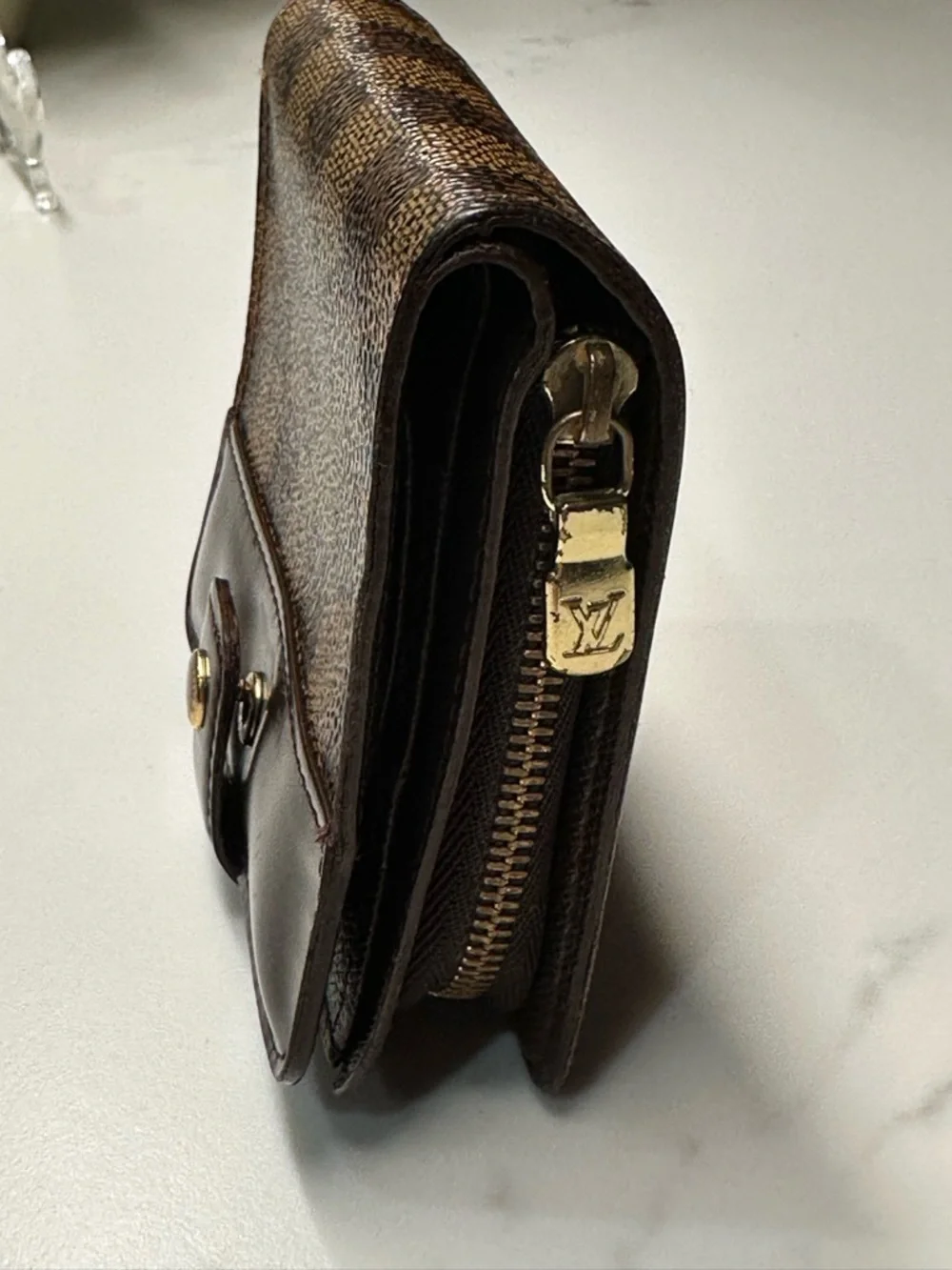 Louis Vuitton Damier Ebene Wallet w/ Gold-Tone Hardware + LV Dust Bag + COA